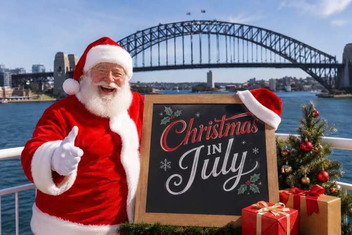 Santa by Christmas in July sign, gifts, with Sydney Harbour Bridge background.
