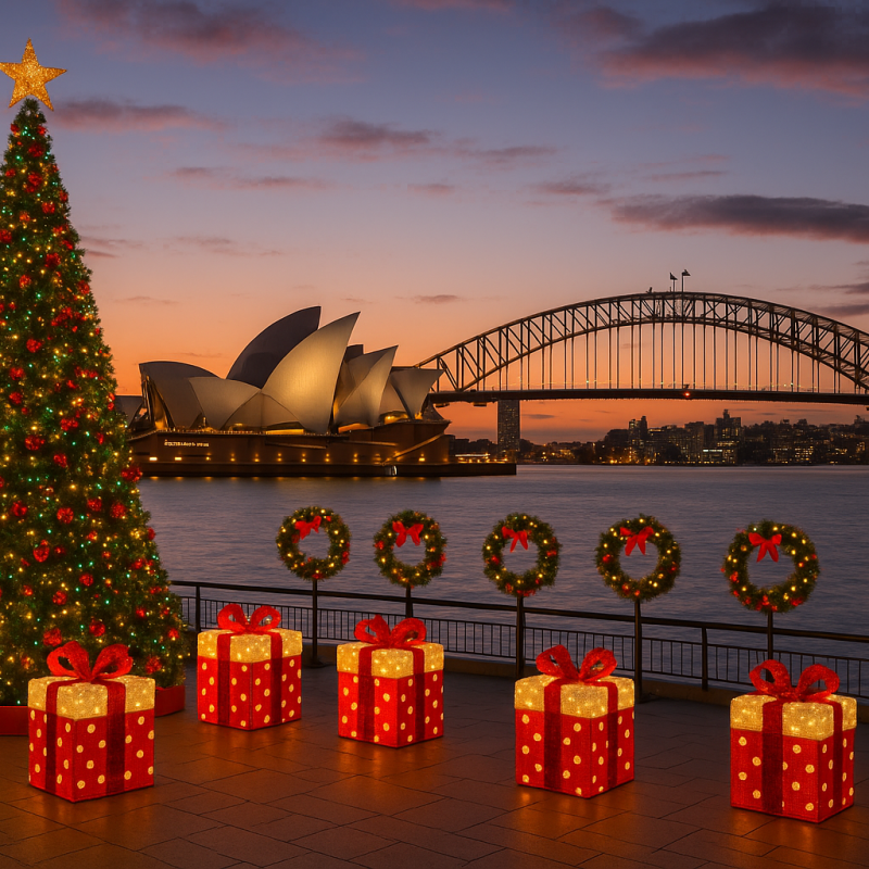 Christmas tree, lights, and gifts with Sydney Opera House and Harbour Bridge at sunset.