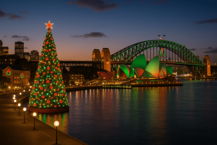 Christmas tree and Sydney Opera House lit with holiday colors at night.