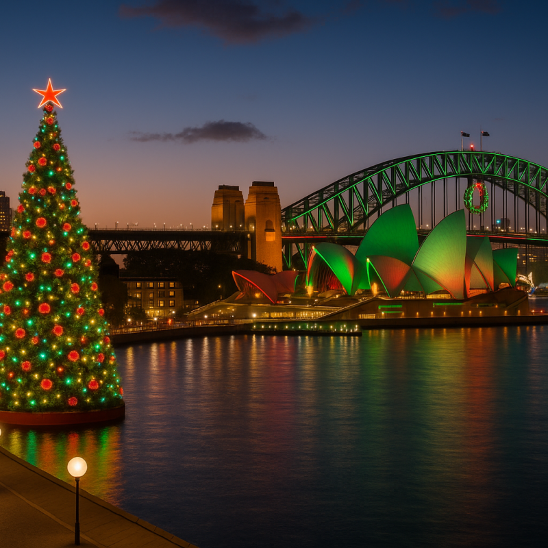 Christmas tree and Sydney Opera House lit with holiday colors at night.