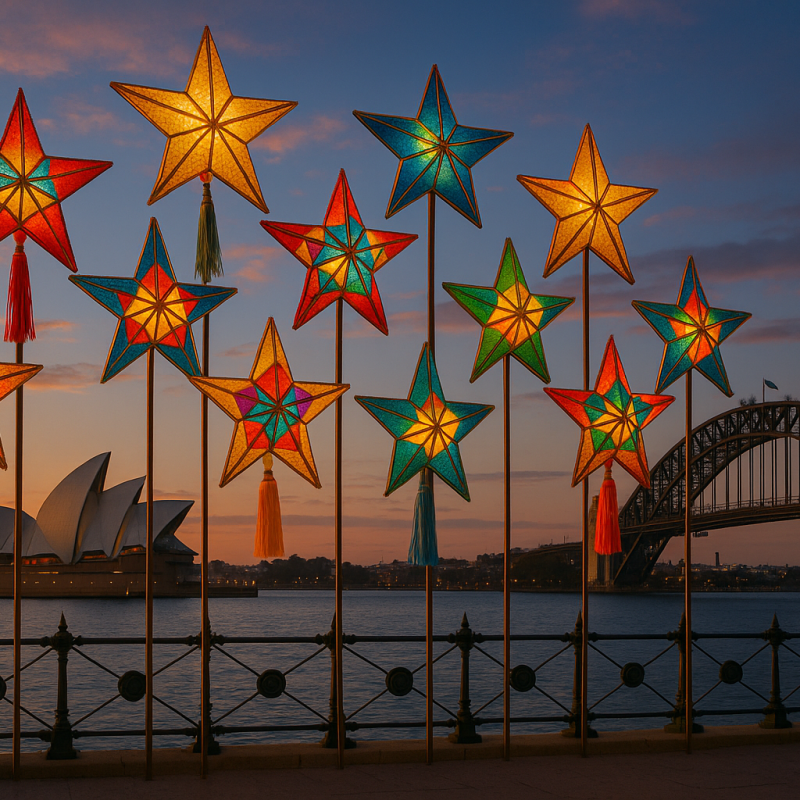 Colorful star lanterns with Sydney Opera House and Harbour Bridge at dusk.