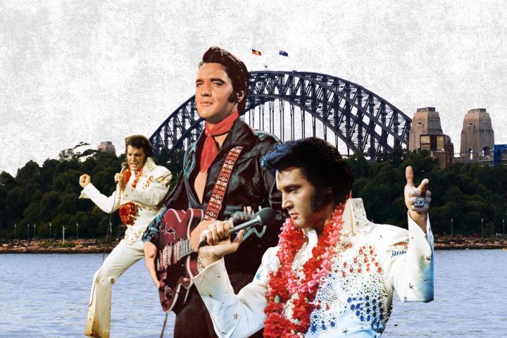 Elvis Presley et al. standing next to a body of water