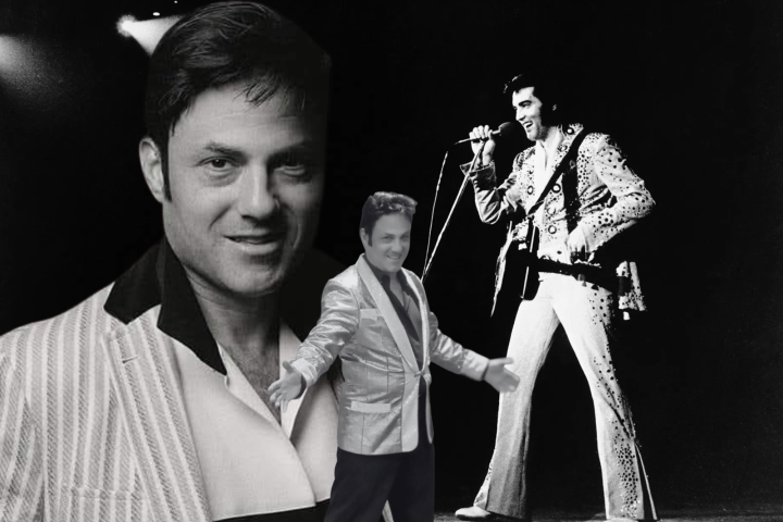 Two men in retro suits, one singing with a mic, one smiling with arms out, black and white image.