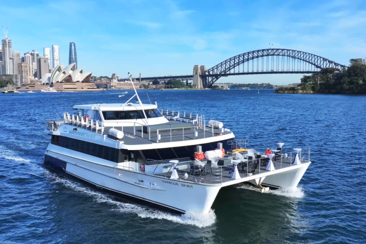 A cruise ship in Sydney Harbour with the Opera House and Harbour Bridge in the background.