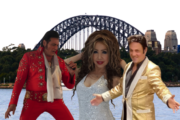 Two men in retro outfits and a woman in a sparkly dress in front of Sydney Harbour Bridge.