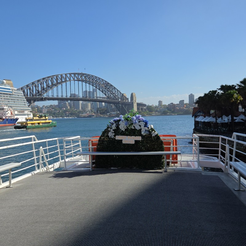 Deck view of Sydney Harbour with bridge, cruise ship, and city skyline.